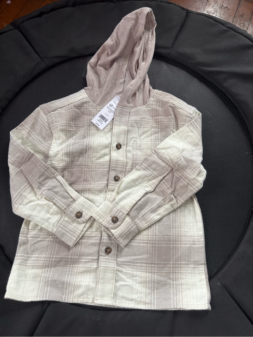 OshKosh B'gosh Cream and Taupe Plaid Hooded Button-Up